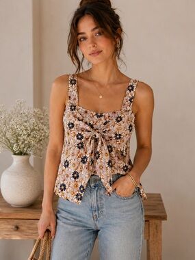 Madewell 100% Silk Floral Tie-Front Sleeveless Blouse Top